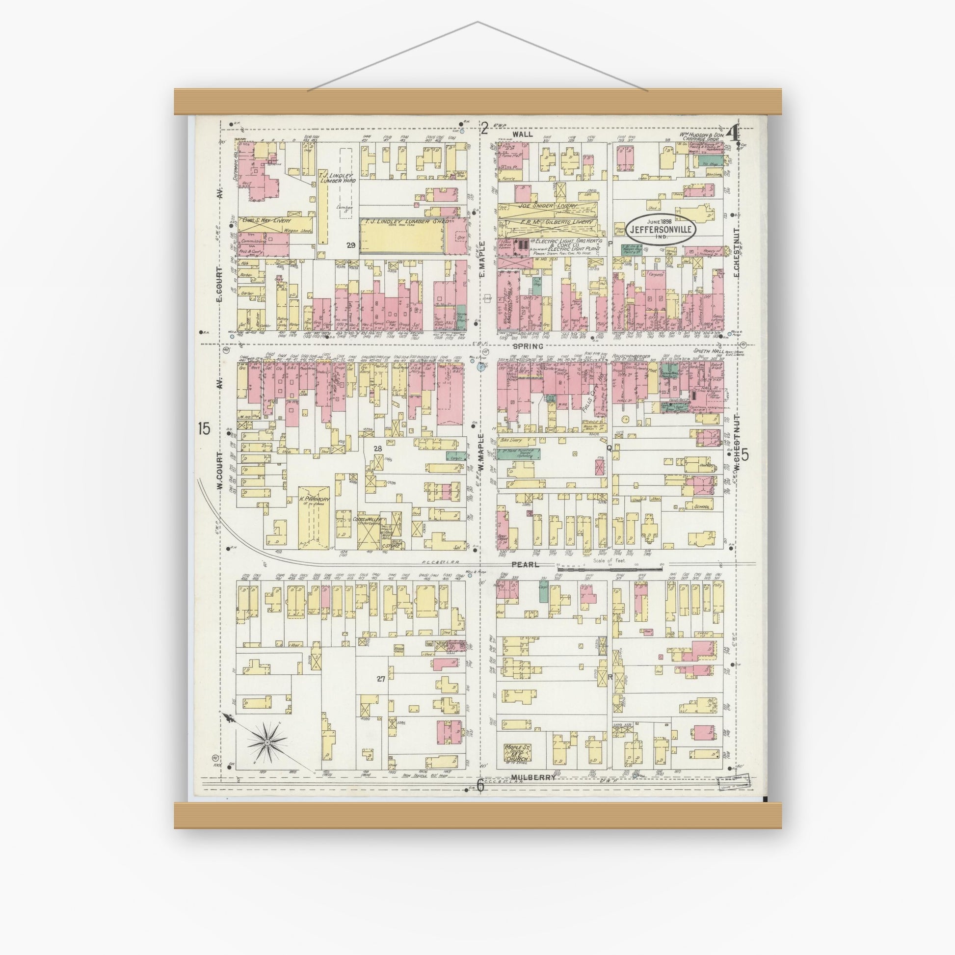 Old map wall art mockup — magnetic wood frame on white wall — Sanborn Fire Insurance Map from Jeffersonville, Clark County, Indiana (1898), Sheet #0004