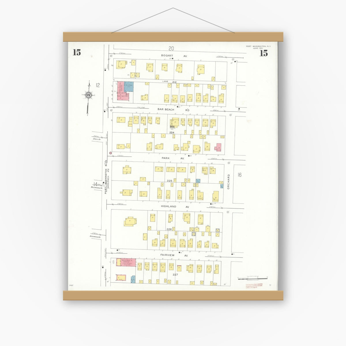 Old map wall art mockup — magnetic wood frame on white wall — Sanborn Fire Insurance Map from Port Washington, Nassau County, New York (1931), Sheet #0015