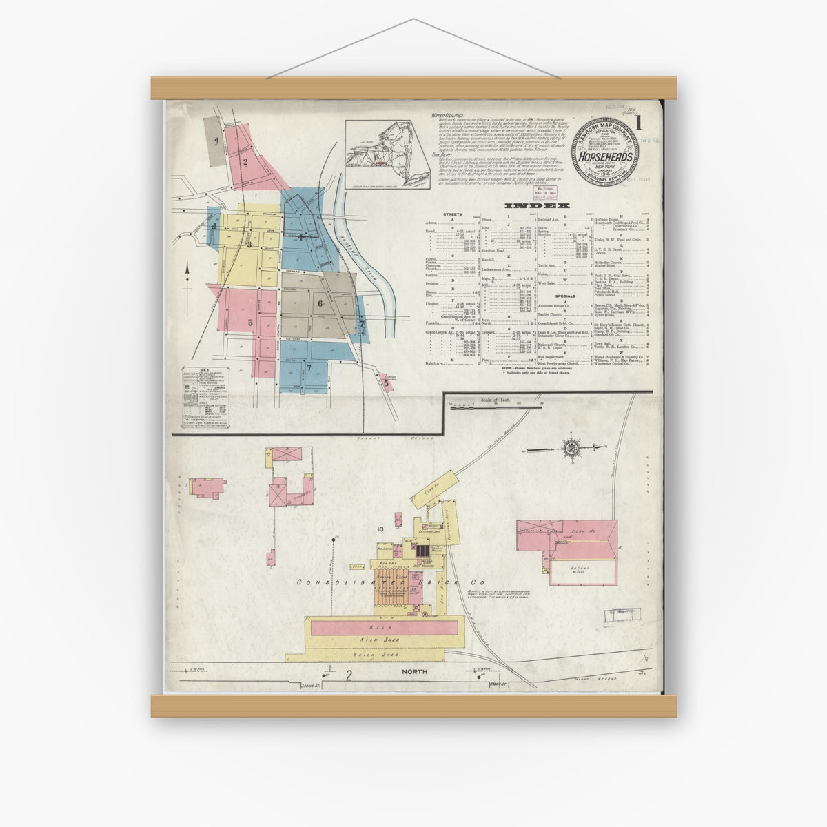 Old map wall art mockup — magnetic wood frame on white wall — Sanborn Fire Insurance Map from Horseheads, Chemung County, New York (1914), Sheet #0001