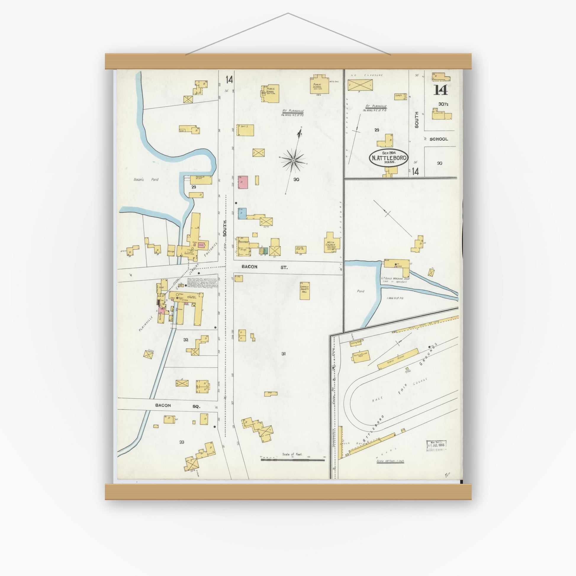 Old map wall art mockup — magnetic wood frame on white wall — Sanborn Fire Insurance Map from North Attleborough, Bristol County, Massachusetts (1904), Sheet #0014