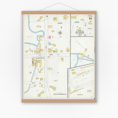 Old map wall art mockup — magnetic wood frame on white wall — Sanborn Fire Insurance Map from North Attleborough, Bristol County, Massachusetts (1904), Sheet #0014
