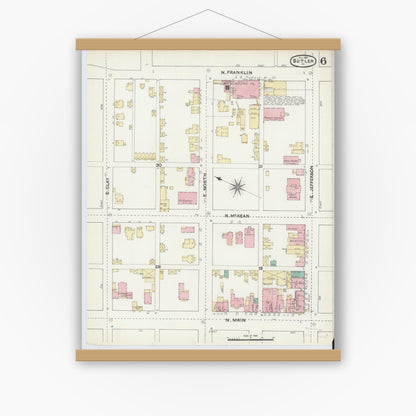 Old map wall art mockup — magnetic wood frame on white wall — Sanborn Fire Insurance Map from Butler, Butler County, Pennsylvania (1891), Sheet #0006