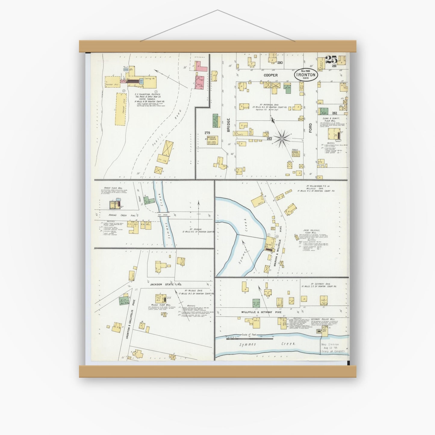 Old map wall art mockup — magnetic wood frame on white wall — Sanborn Fire Insurance Map from Ironton, Lawrence County, Ohio (1900), Sheet #0025