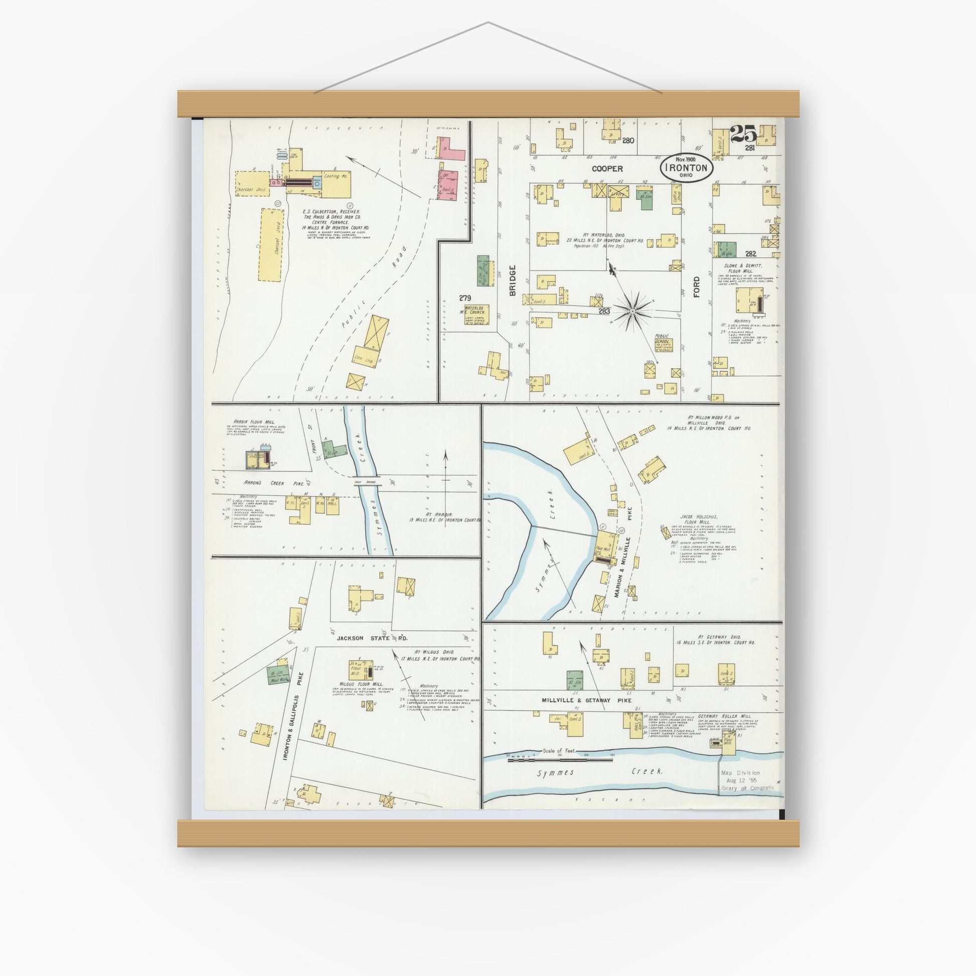 Old map wall art mockup — magnetic wood frame on white wall — Sanborn Fire Insurance Map from Ironton, Lawrence County, Ohio (1900), Sheet #0025