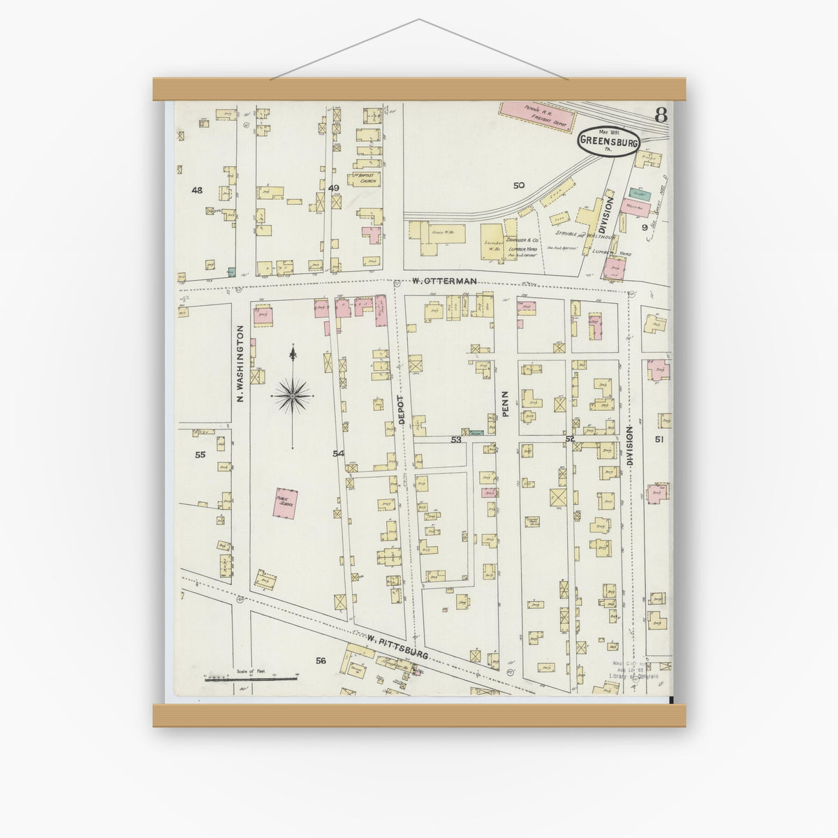 Old map wall art mockup — magnetic wood frame on white wall — Sanborn Fire Insurance Map from Greensburg, Westmoreland County, Pennsylvania (1891), Sheet #0008