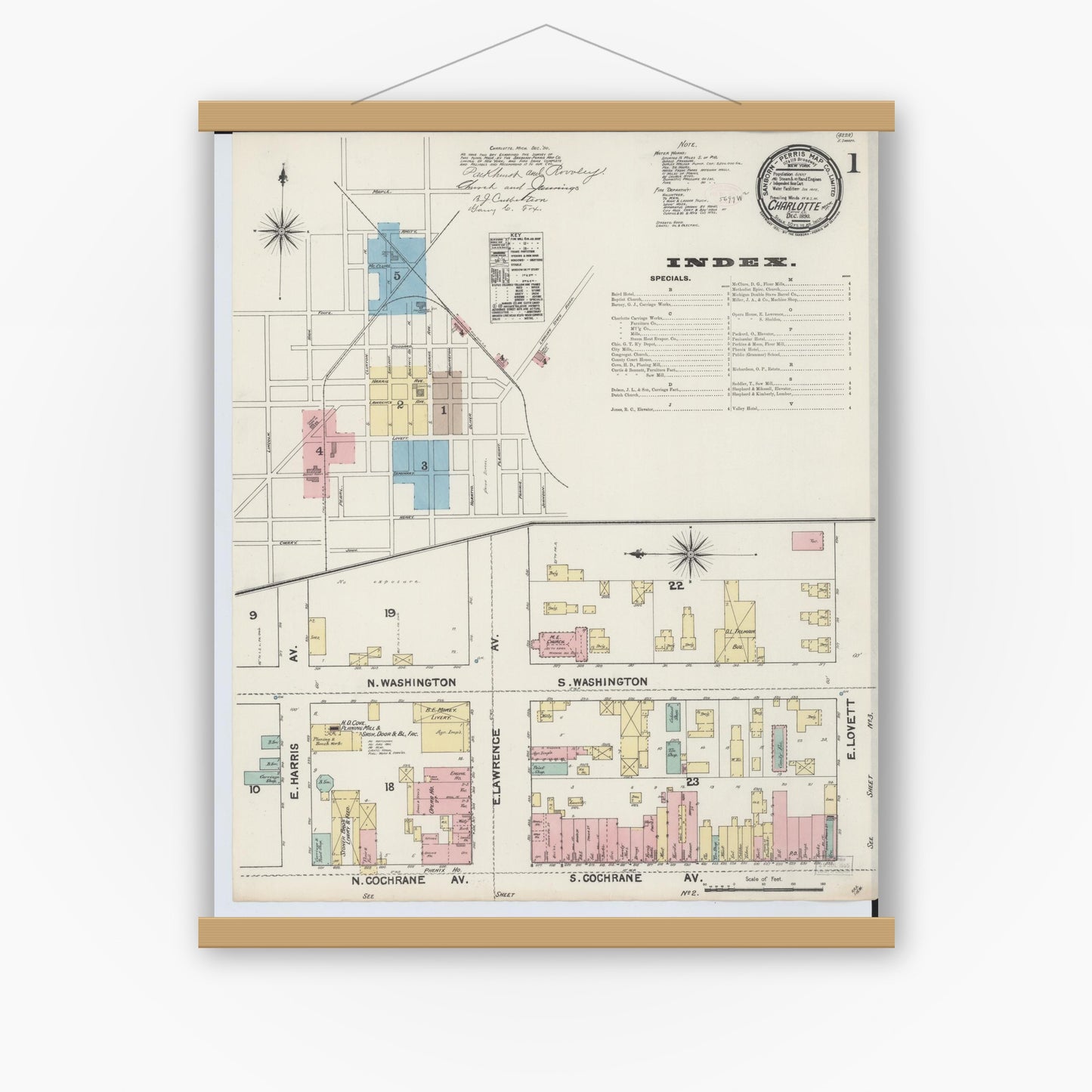 Old map wall art mockup — magnetic wood frame on white wall — Sanborn Fire Insurance Map from Charlotte, Eaton County, Michigan (1890) - Complete Map Set