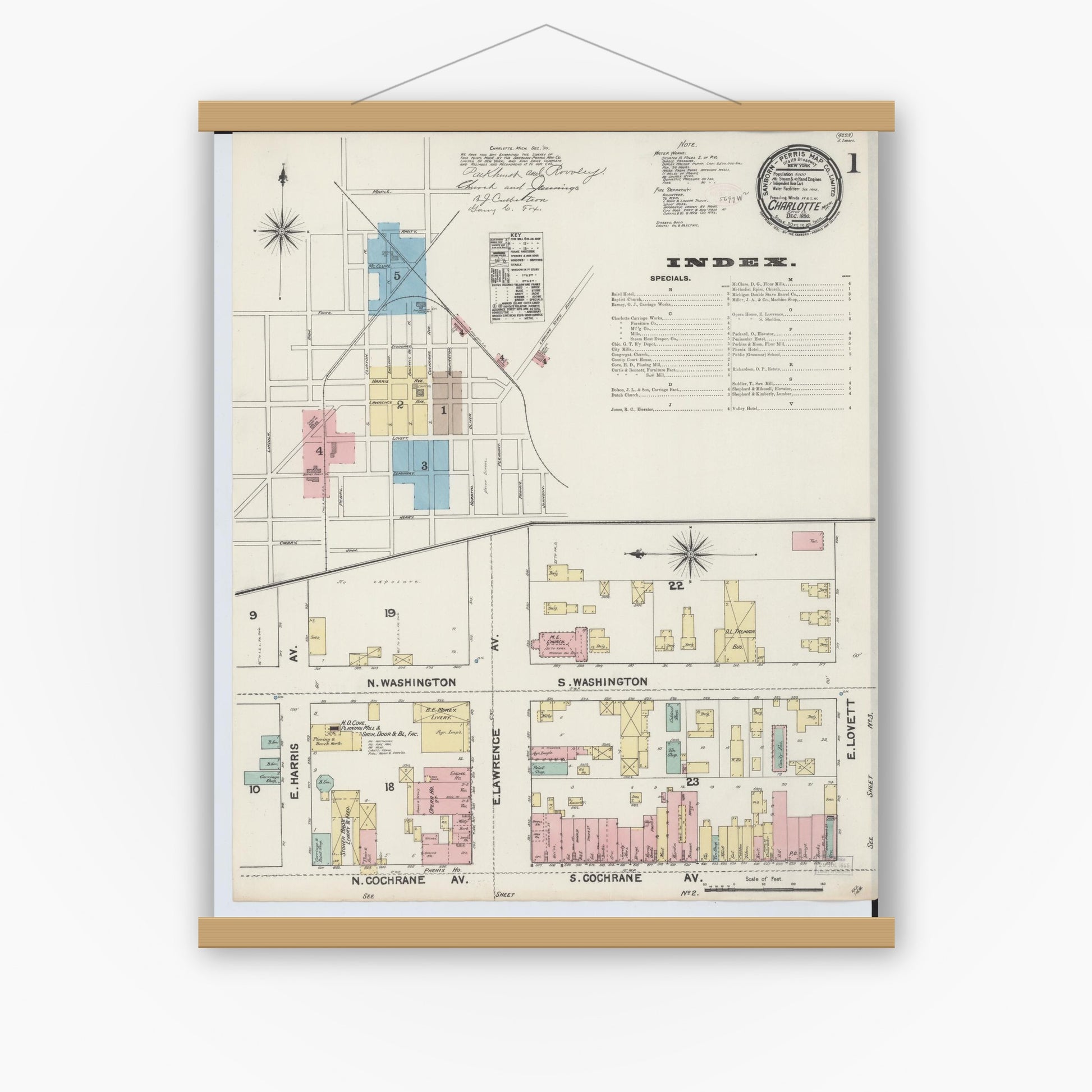 Old map wall art mockup — magnetic wood frame on white wall — Sanborn Fire Insurance Map from Charlotte, Eaton County, Michigan (1890) - Complete Map Set