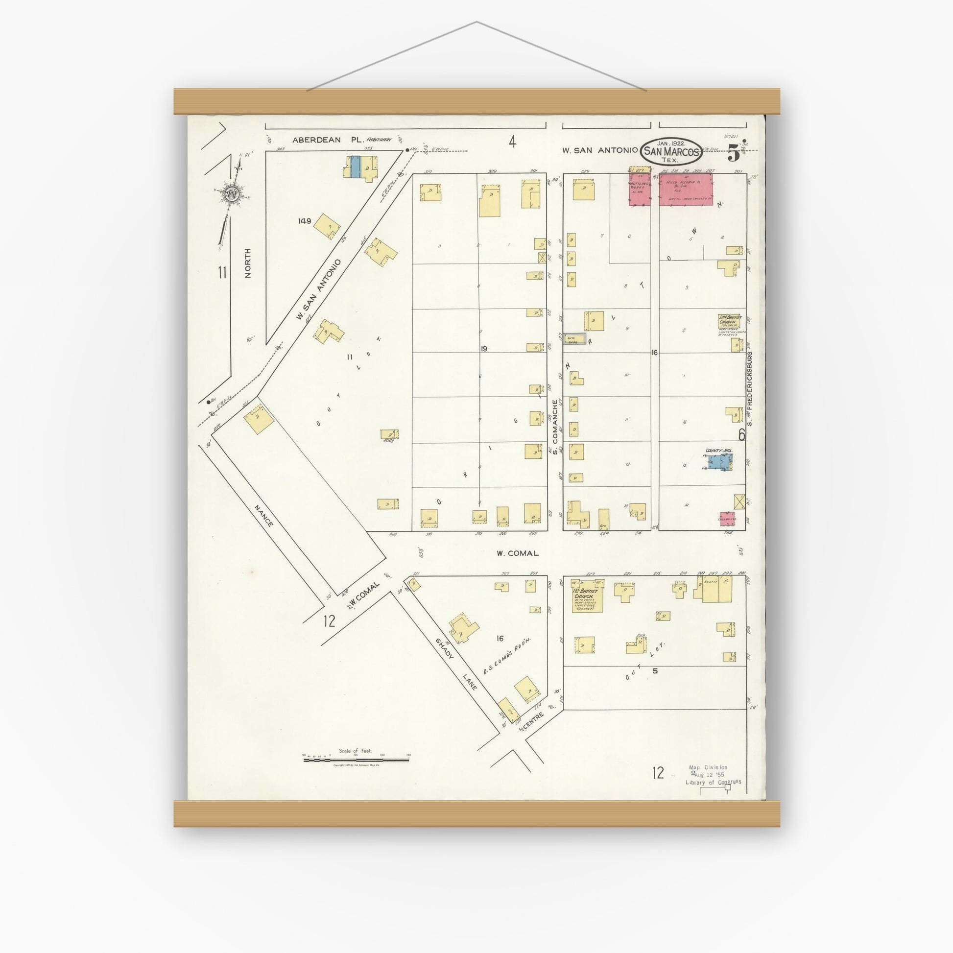 Old map wall art mockup — magnetic wood frame on white wall — Sanborn Fire Insurance Map from San Marcos, Hays County, Texas (1922), Sheet #0005