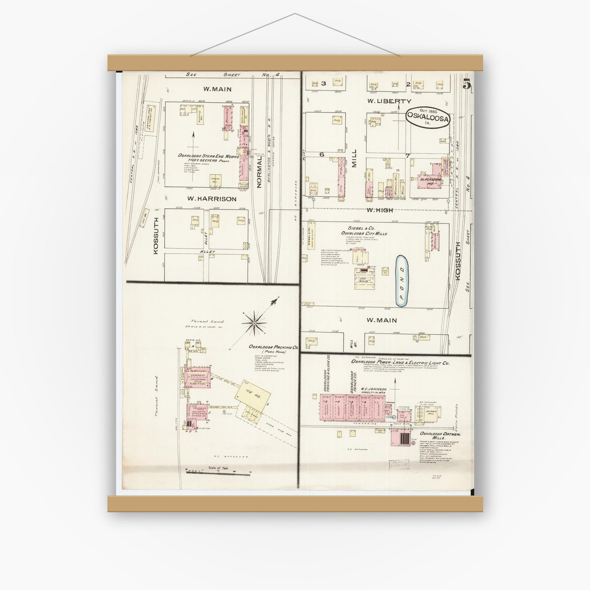 Old map wall art mockup — magnetic wood frame on white wall — Sanborn Fire Insurance Map from Oskaloosa, Mahaska County, Iowa (1885), Sheet #0005