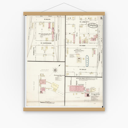 Old map wall art mockup — magnetic wood frame on white wall — Sanborn Fire Insurance Map from Oskaloosa, Mahaska County, Iowa (1885), Sheet #0005