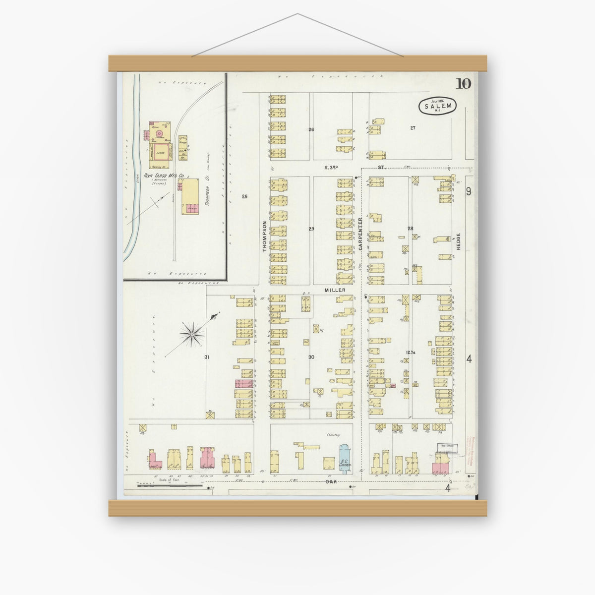 Old map wall art mockup — magnetic wood frame on white wall — Sanborn Fire Insurance Map from Salem, Salem County, New Jersey (1896), Sheet #0010