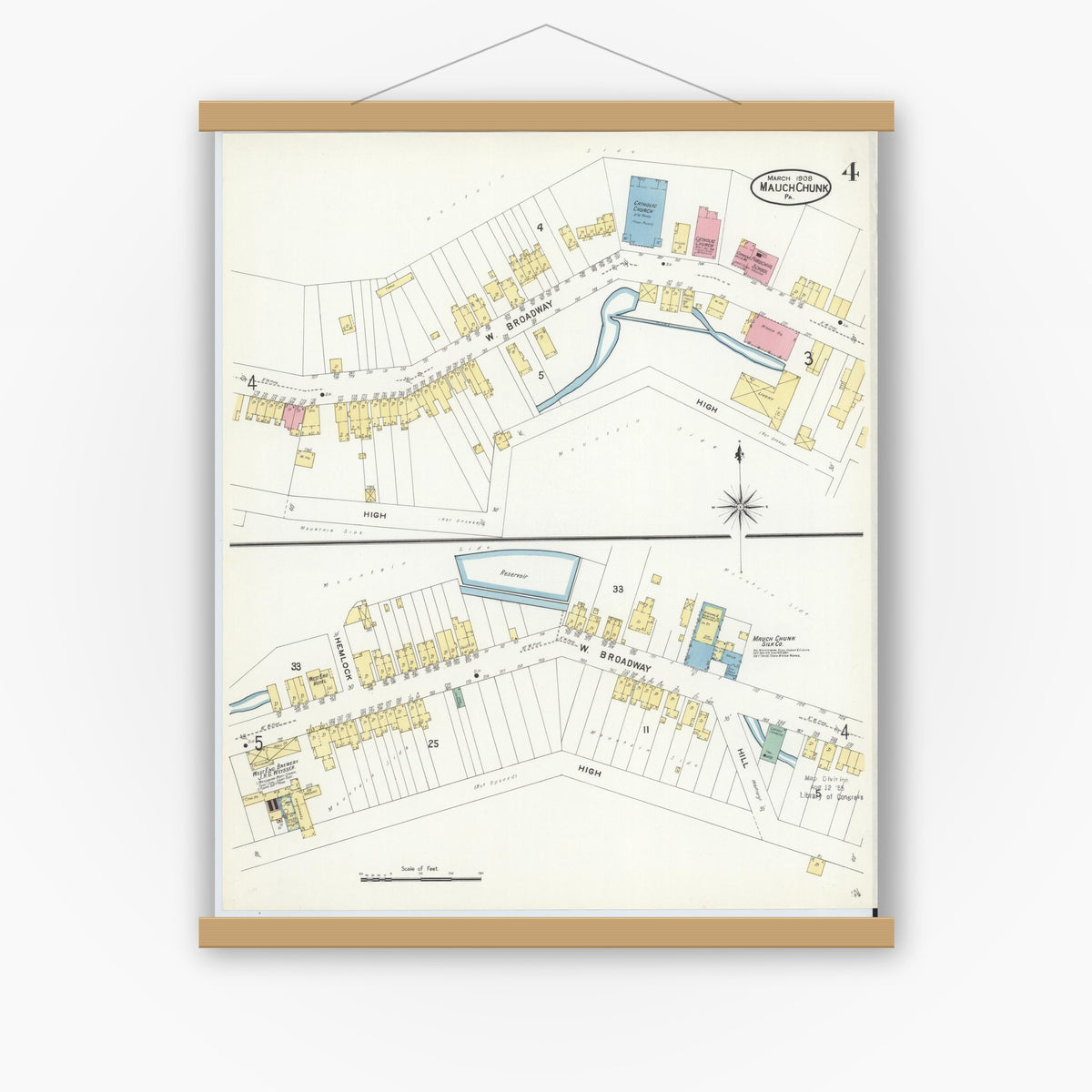 Old map wall art mockup — magnetic wood frame on white wall — Sanborn Fire Insurance Map from Mauch Chunk, Carbon County, Pennsylvania (1908), Sheet #0004