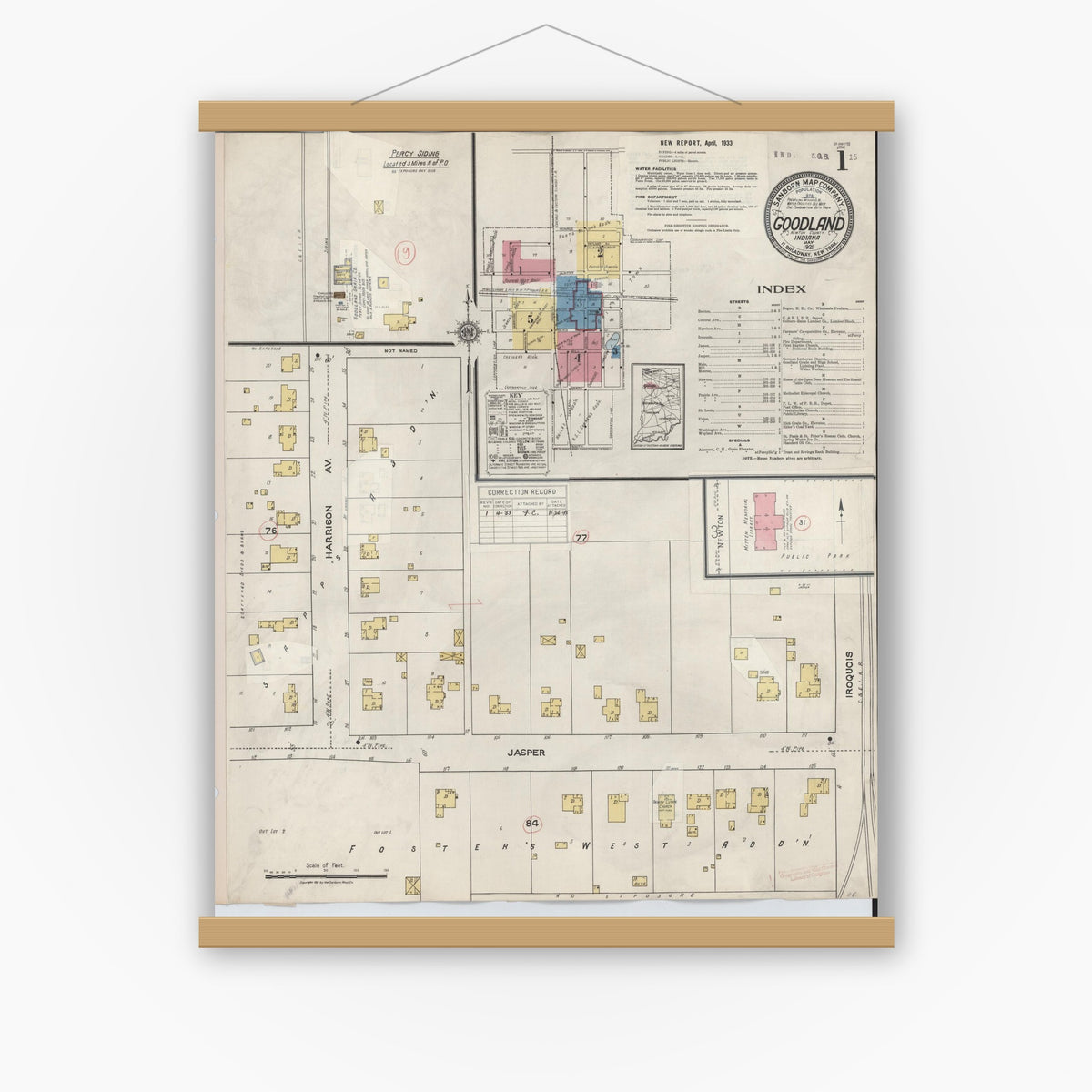 Old map wall art mockup — magnetic wood frame on white wall — Sanborn Fire Insurance Map from Goodland, Newton County, Indiana (1933) - Complete Map Set