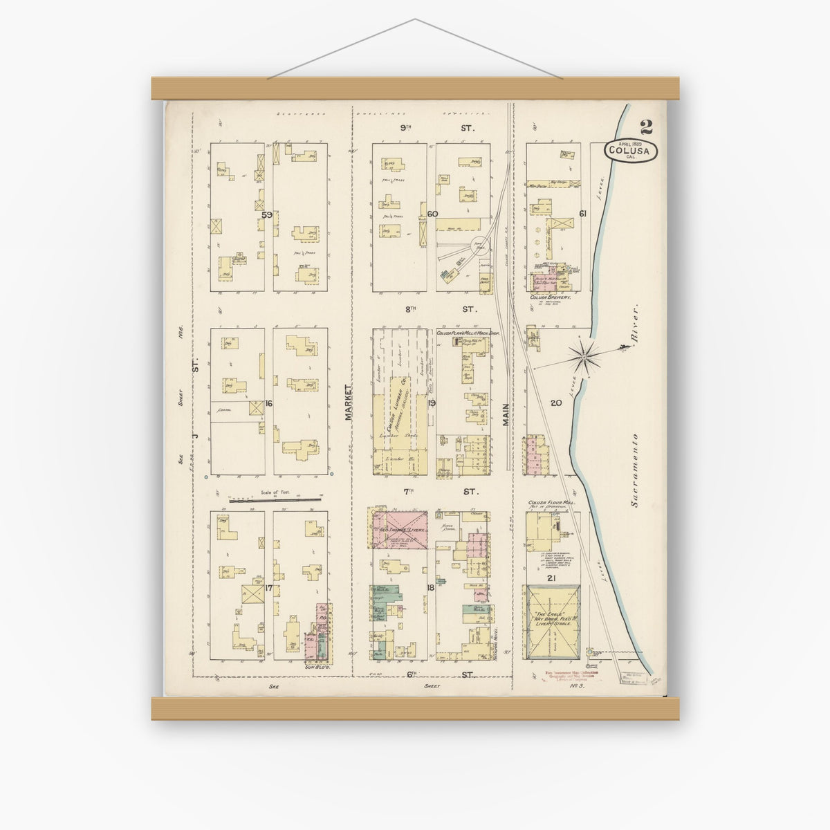 Old map wall art mockup — magnetic wood frame on white wall — Sanborn Fire Insurance Map from Colusa, Colusa County, California (1889), Sheet #0002