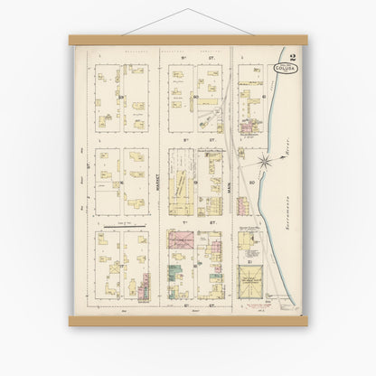 Old map wall art mockup — magnetic wood frame on white wall — Sanborn Fire Insurance Map from Colusa, Colusa County, California (1889), Sheet #0002