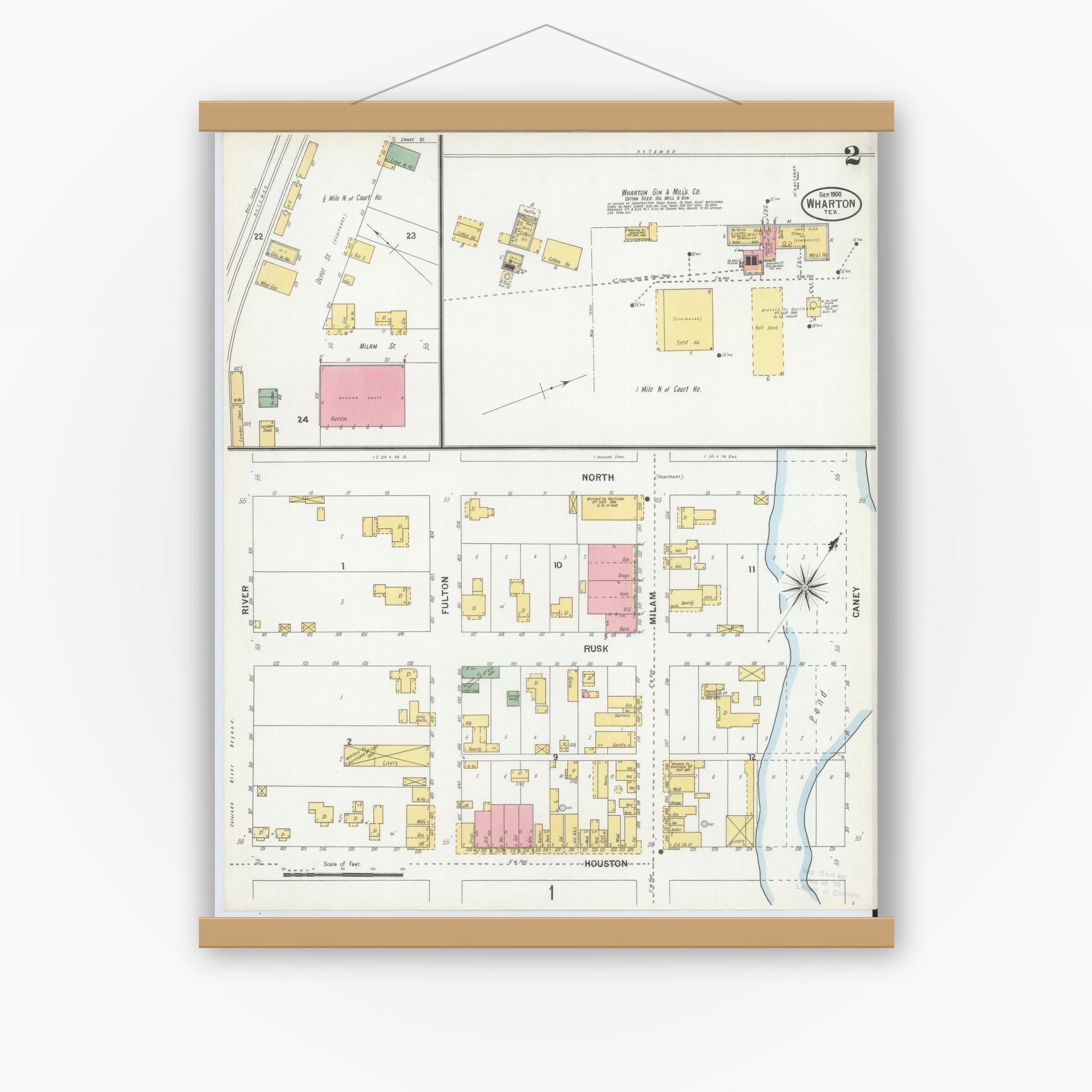 Old map wall art mockup — magnetic wood frame on white wall — Sanborn Fire Insurance Map from Wharton, Wharton County, Texas (1900), Sheet #0002