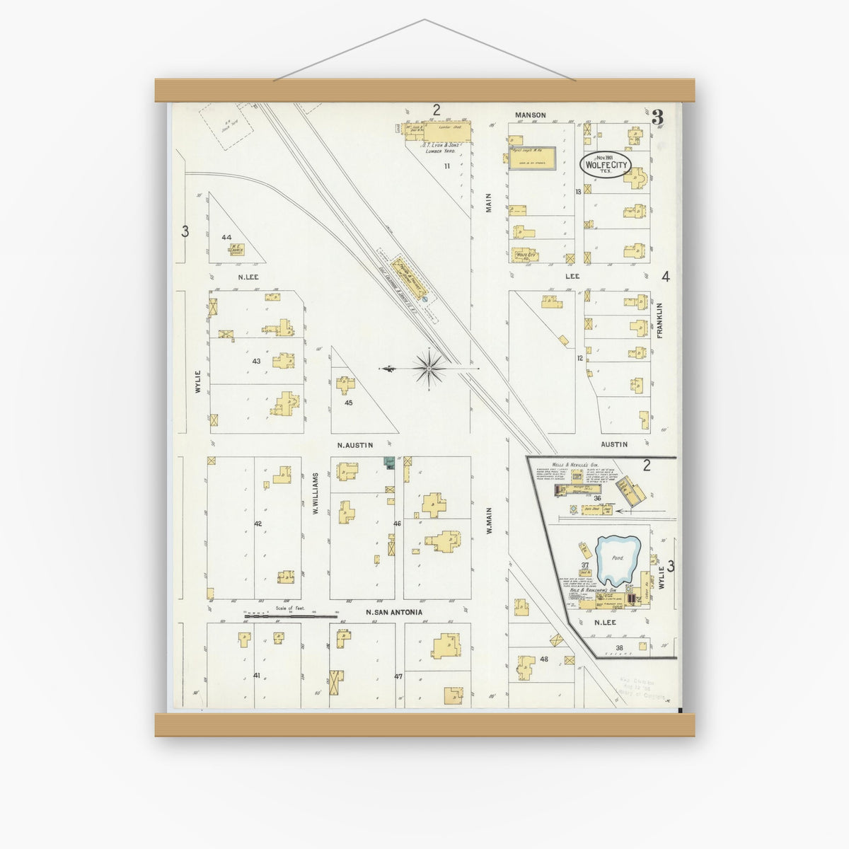 Old map wall art mockup — magnetic wood frame on white wall — Sanborn Fire Insurance Map from Wolfe City, Hunt County, Texas (1901), Sheet #0003