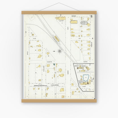 Old map wall art mockup — magnetic wood frame on white wall — Sanborn Fire Insurance Map from Wolfe City, Hunt County, Texas (1901), Sheet #0003