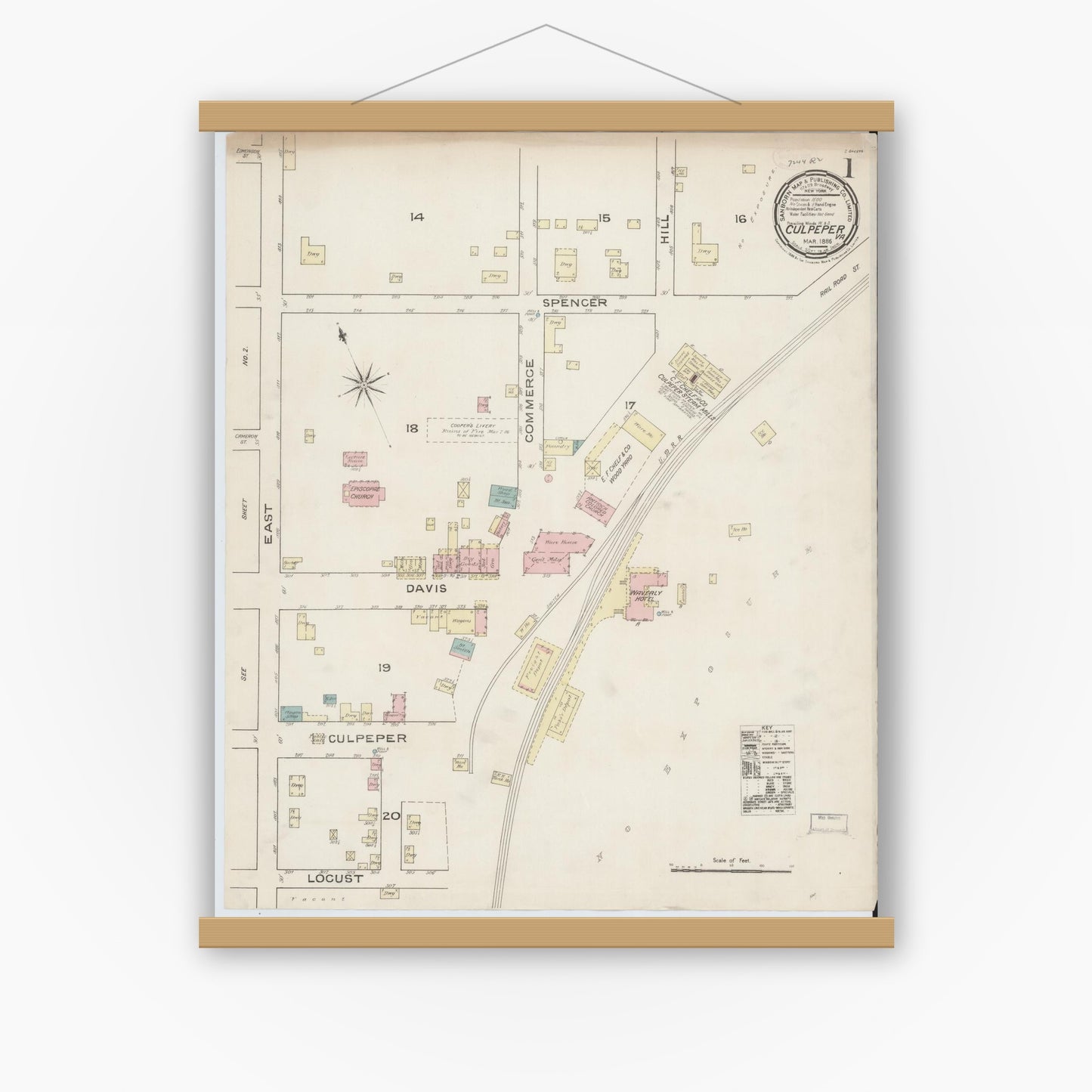 Old map wall art mockup — magnetic wood frame on white wall — Sanborn Fire Insurance Map from Culpeper, Culpeper County, Virginia (1886) - Complete Map Set