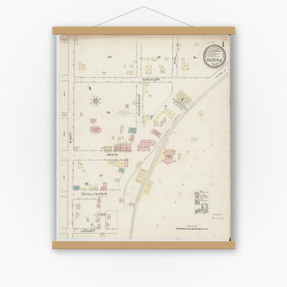 Old map wall art mockup — magnetic wood frame on white wall — Sanborn Fire Insurance Map from Culpeper, Culpeper County, Virginia (1886) - Complete Map Set