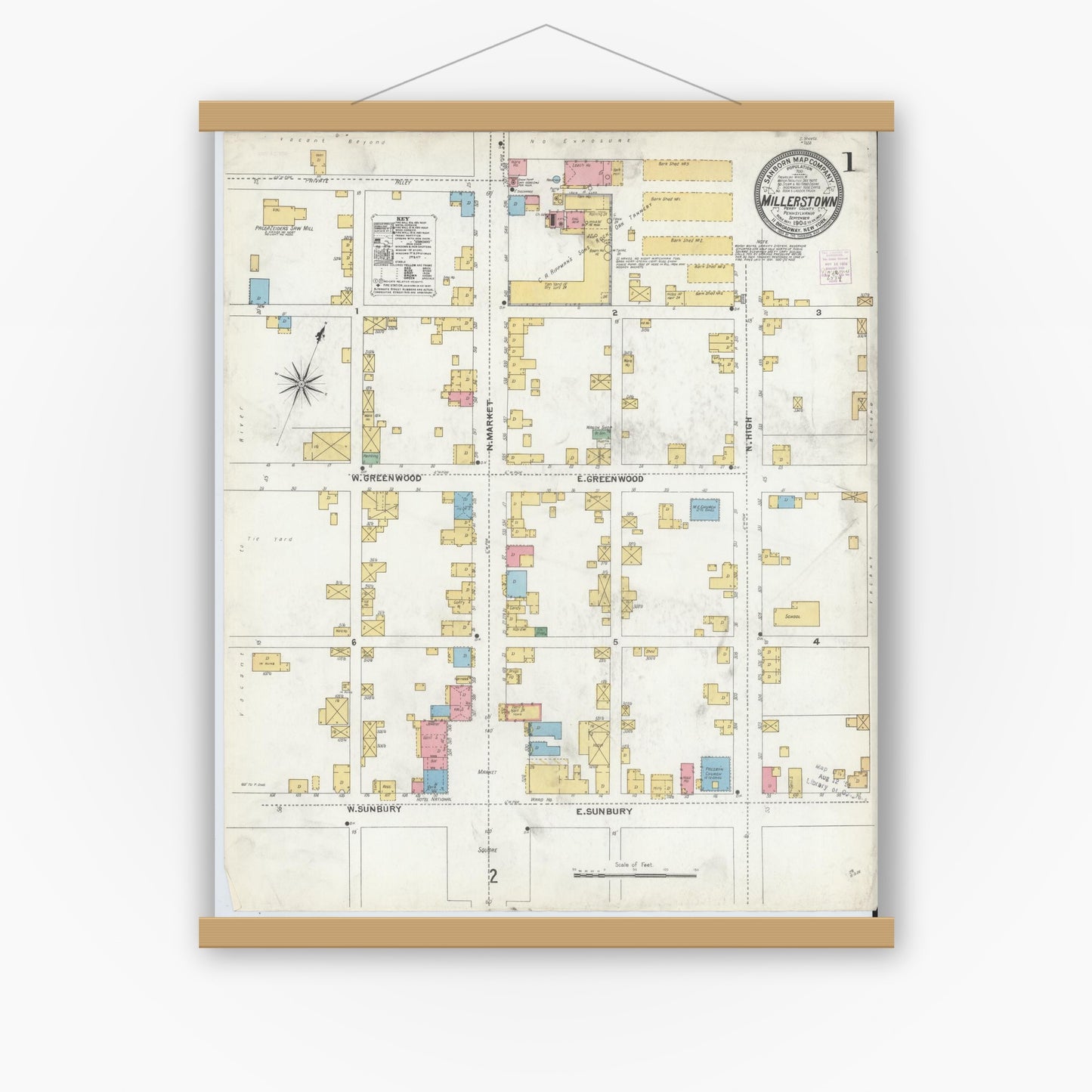 Old map wall art mockup — magnetic wood frame on white wall — Sanborn Fire Insurance Map from Millerstown, Perry County, Pennsylvania (1904), Sheet #0001