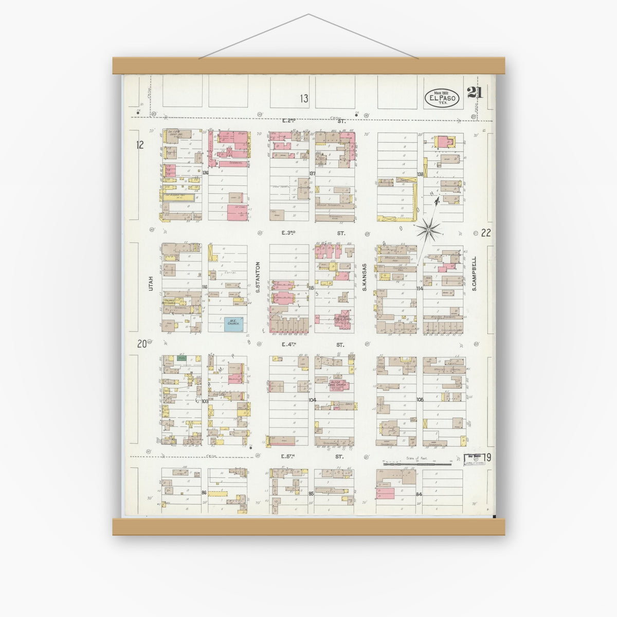 Old map wall art mockup — magnetic wood frame on white wall — Sanborn Fire Insurance Map from El Paso, El Paso County, Texas (1902), Sheet #0021