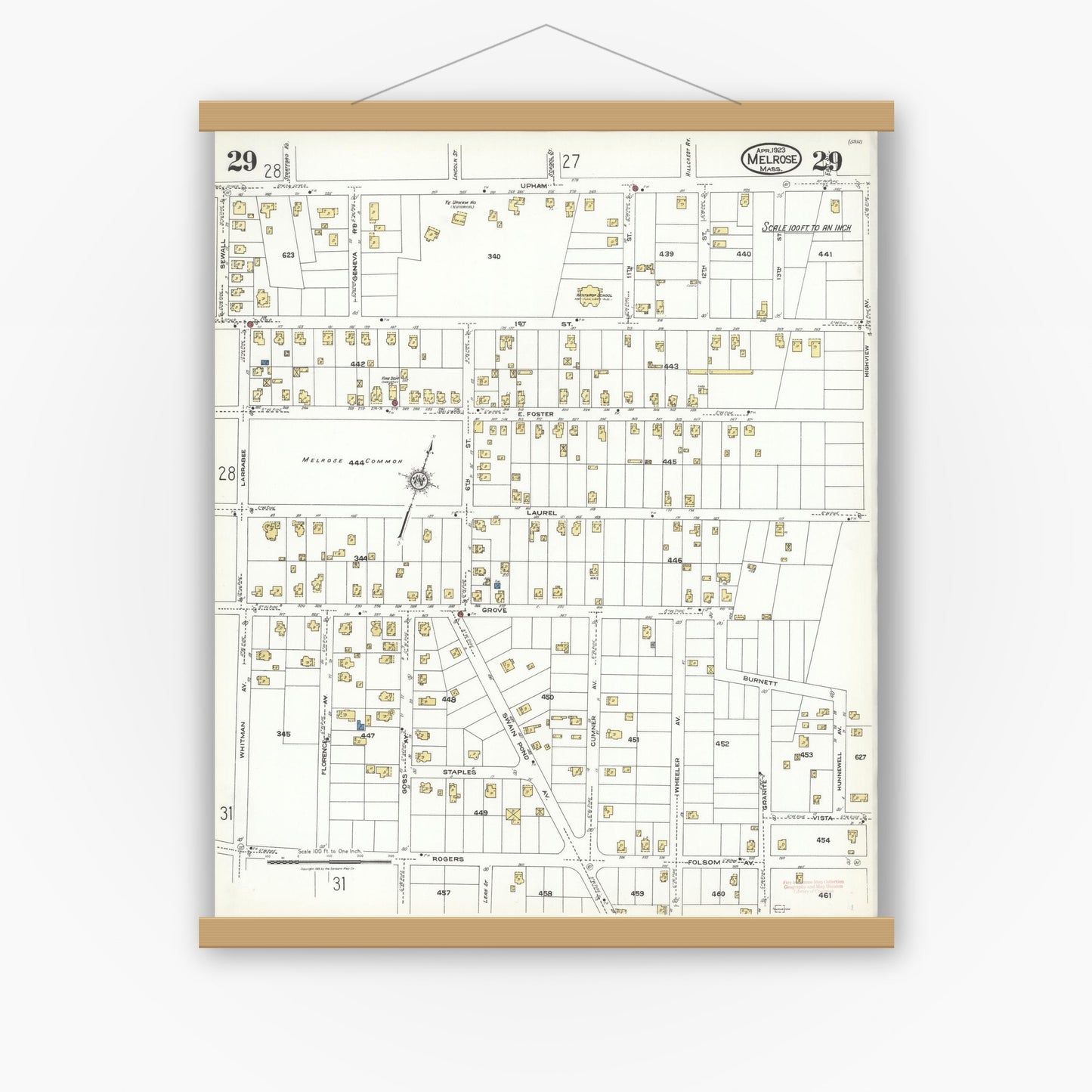Old map wall art mockup — magnetic wood frame on white wall — Sanborn Fire Insurance Map from Melrose, Middlesex County, Massachusetts (1923), Sheet #0029