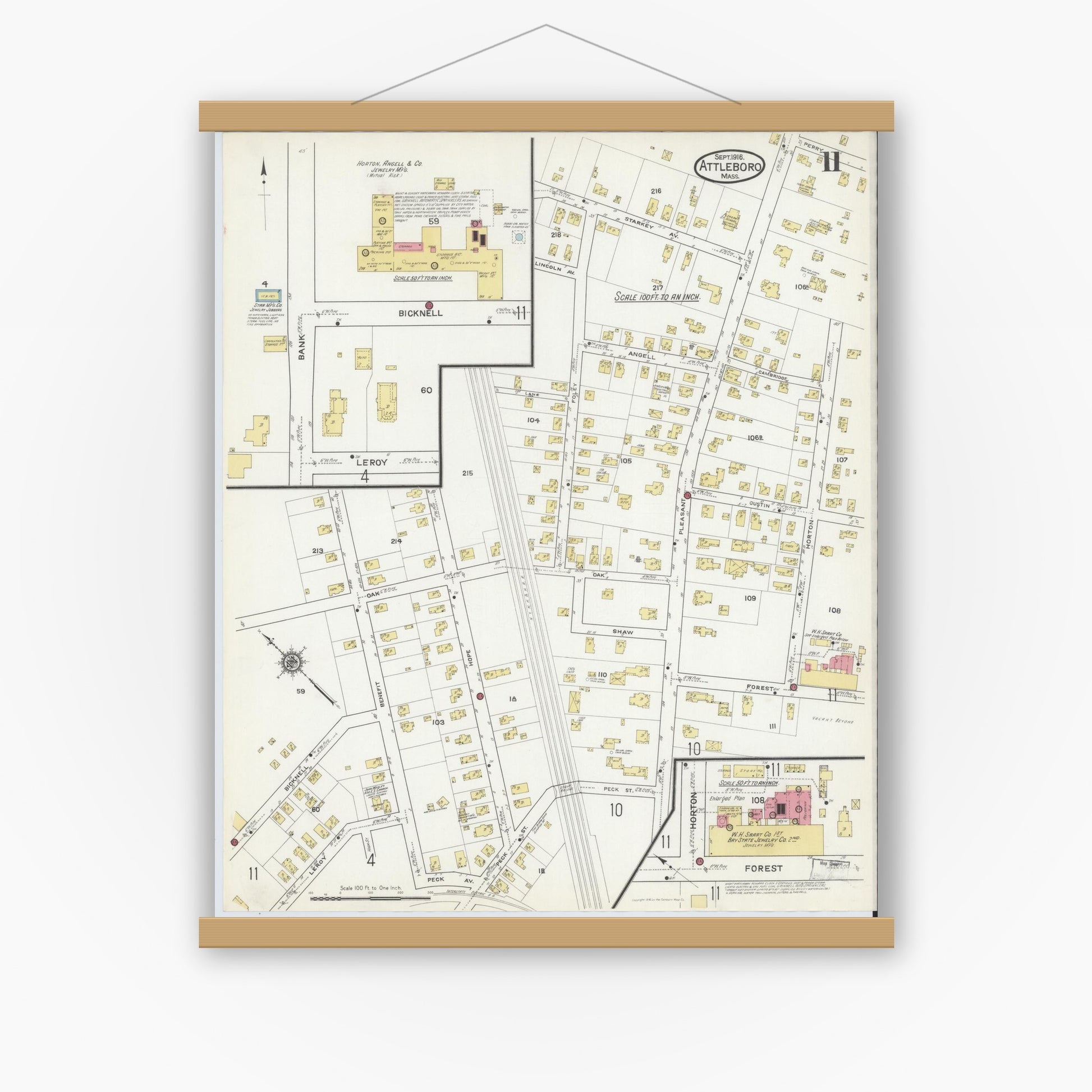 Old map wall art mockup — magnetic wood frame on white wall — Sanborn Fire Insurance Map from Attleboro, Bristol County, Massachusetts (1916), Sheet #0011