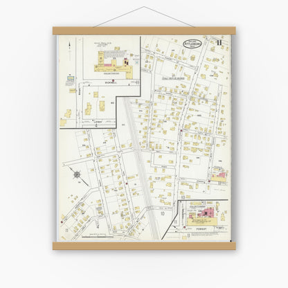Old map wall art mockup — magnetic wood frame on white wall — Sanborn Fire Insurance Map from Attleboro, Bristol County, Massachusetts (1916), Sheet #0011