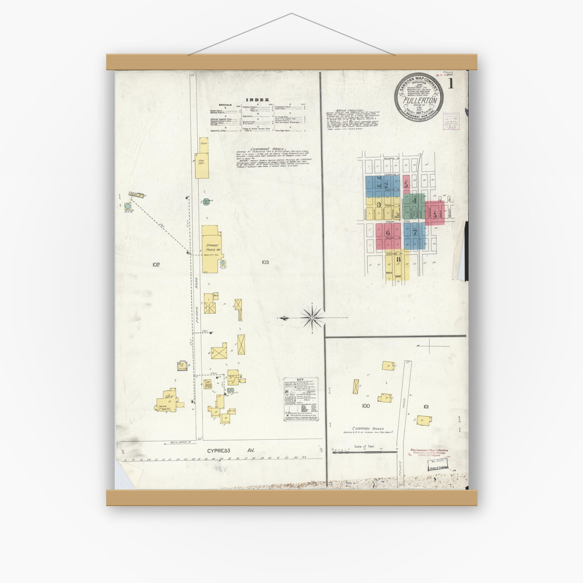 Old map wall art mockup — magnetic wood frame on white wall — Sanborn Fire Insurance Map from Fullerton, Orange County, California (1907), Sheet #0001