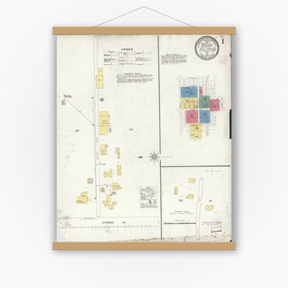 Old map wall art mockup — magnetic wood frame on white wall — Sanborn Fire Insurance Map from Fullerton, Orange County, California (1907), Sheet #0001