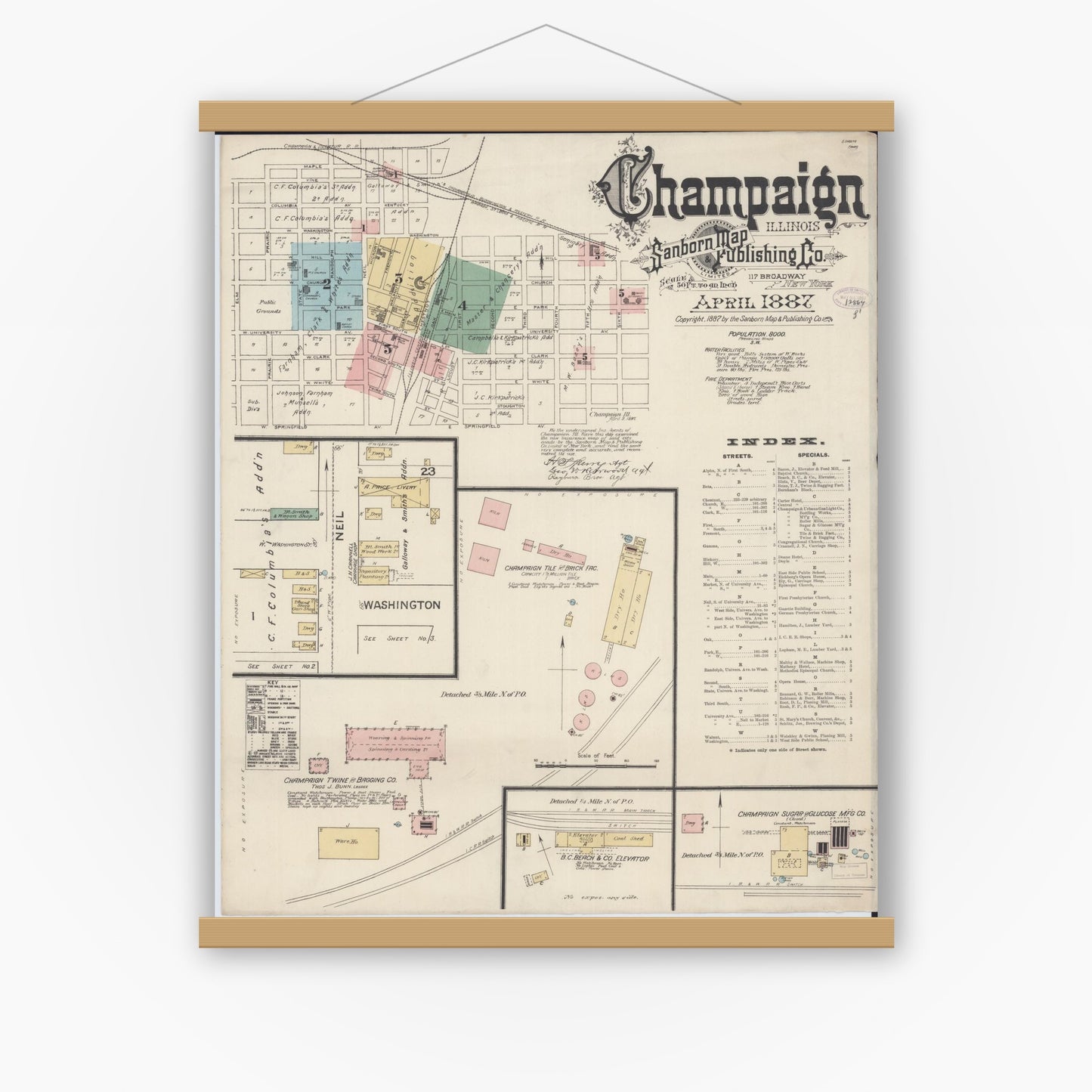 Old map wall art mockup — magnetic wood frame on white wall — Sanborn Fire Insurance Map from Champaign, Champaign County, Illinois (1887), Sheet #0001