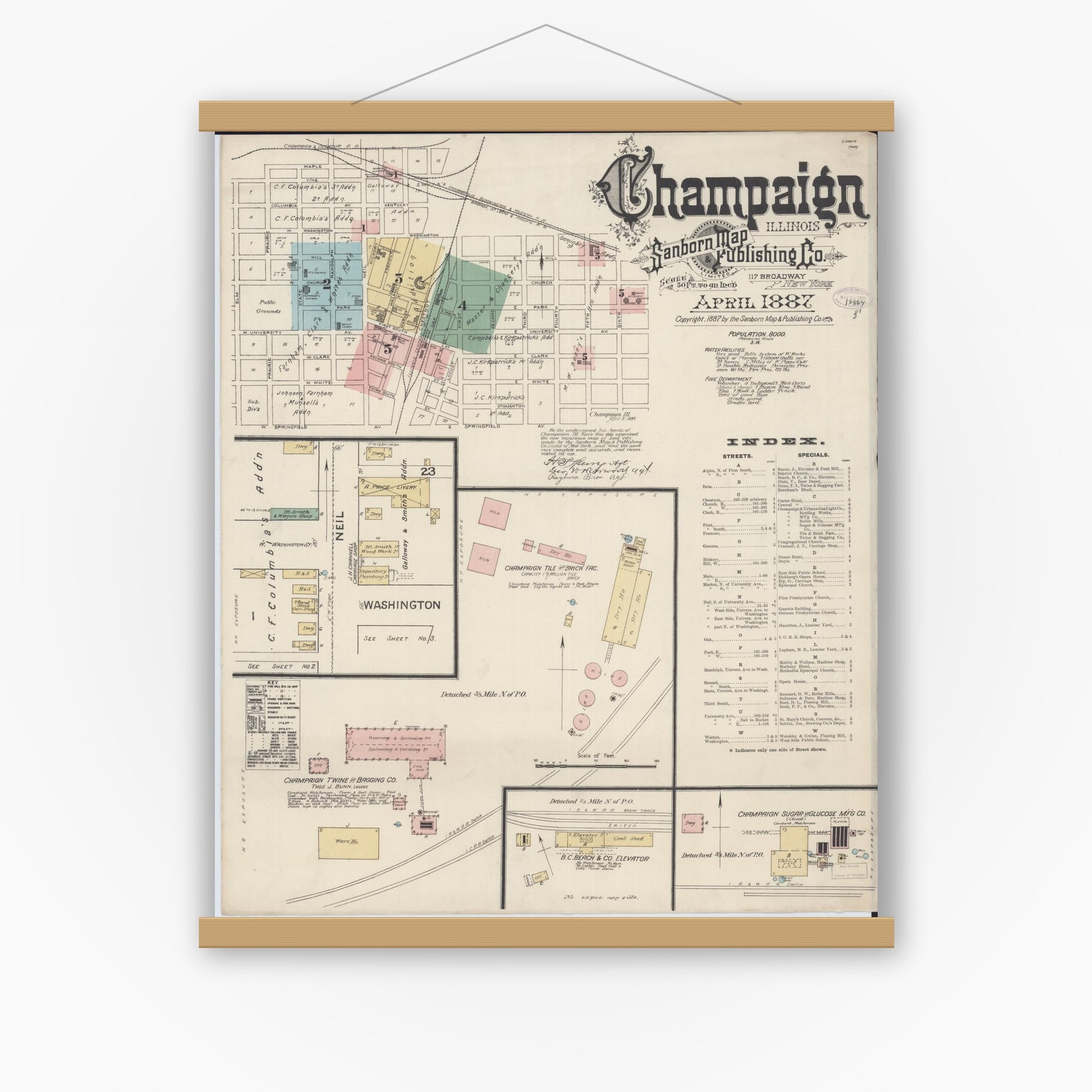 Old map wall art mockup — magnetic wood frame on white wall — Sanborn Fire Insurance Map from Champaign, Champaign County, Illinois (1887), Sheet #0001
