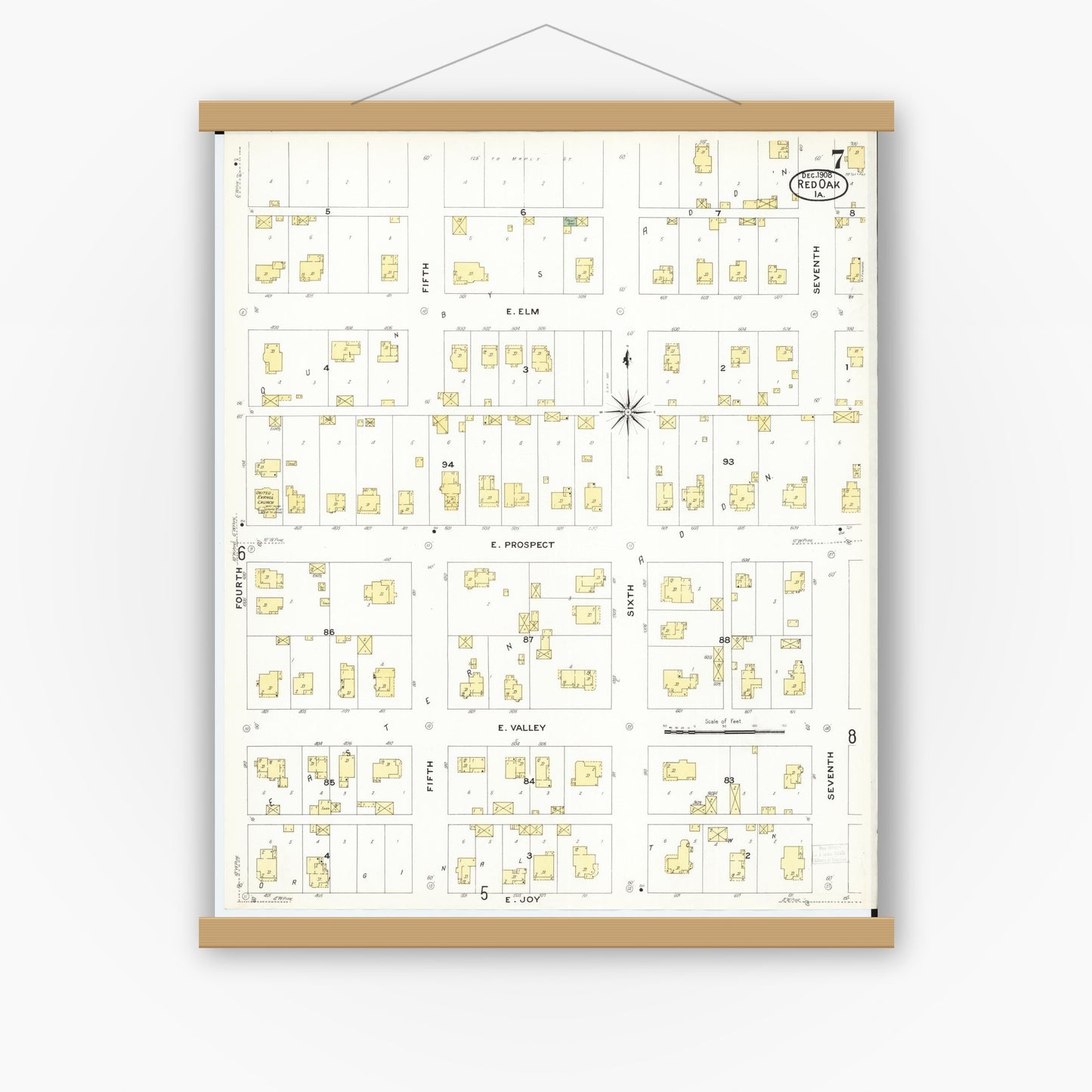 Old map wall art mockup — magnetic wood frame on white wall — Sanborn Fire Insurance Map from Red Oak, Montgomery County, Iowa (1908), Sheet #0007