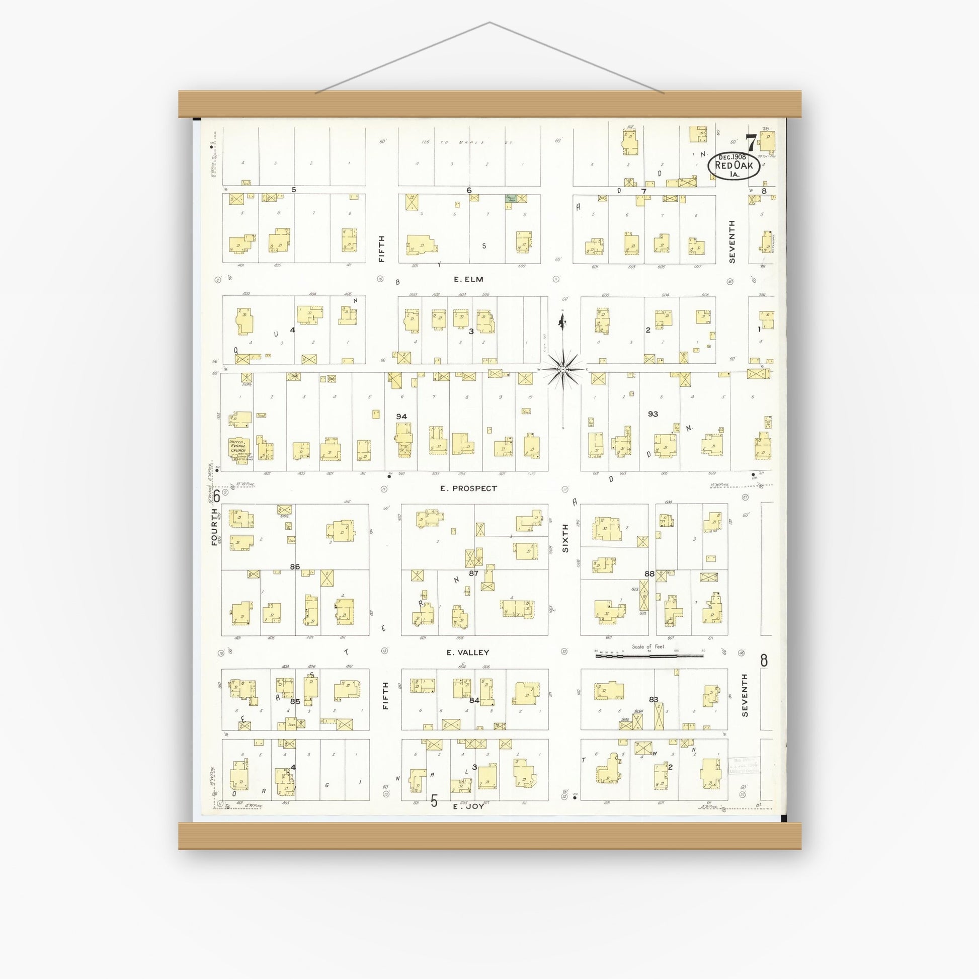 Old map wall art mockup — magnetic wood frame on white wall — Sanborn Fire Insurance Map from Red Oak, Montgomery County, Iowa (1908), Sheet #0007