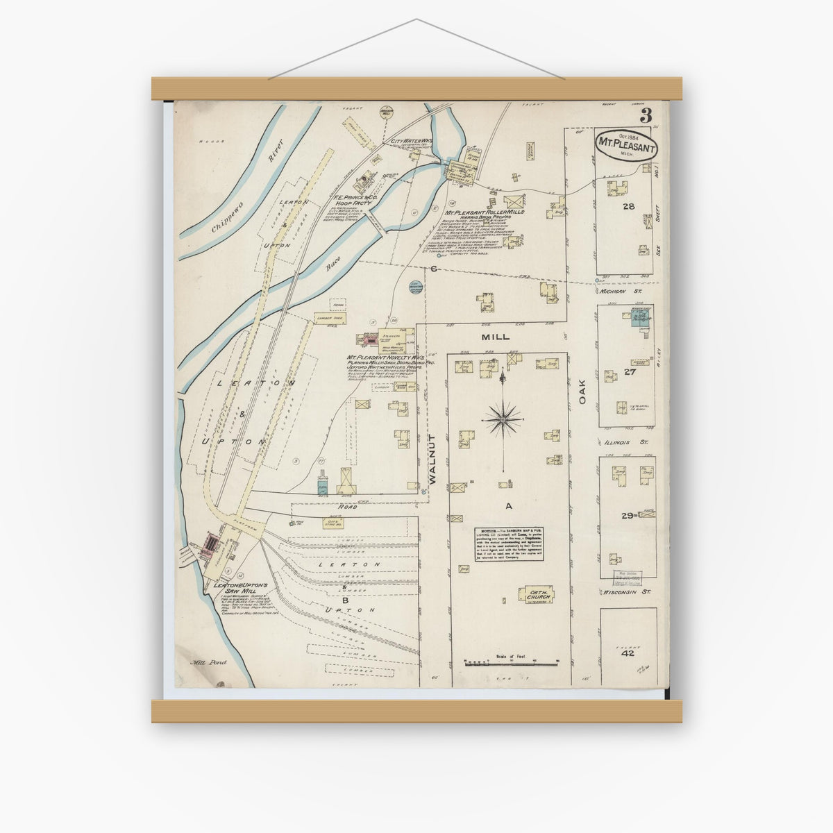 Old map wall art mockup — magnetic wood frame on white wall — Sanborn Fire Insurance Map from Mount Pleasant, Isabella County, Michigan (1884), Sheet #0003