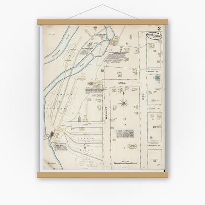 Old map wall art mockup — magnetic wood frame on white wall — Sanborn Fire Insurance Map from Mount Pleasant, Isabella County, Michigan (1884), Sheet #0003
