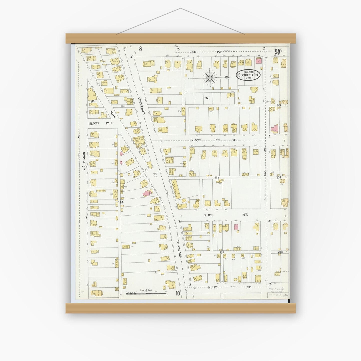 Old map wall art mockup — magnetic wood frame on white wall — Sanborn Fire Insurance Map from Coshocton, Coshocton County, Ohio (1905), Sheet #0009