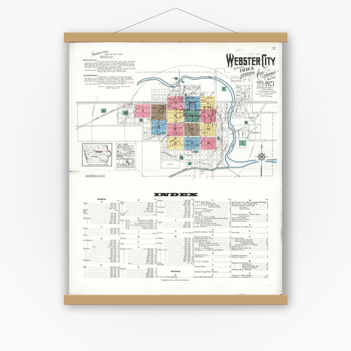 Old map wall art mockup — magnetic wood frame on white wall — Sanborn Fire Insurance Map from Webster City, Hamilton County, Iowa (1923), Sheet #0001