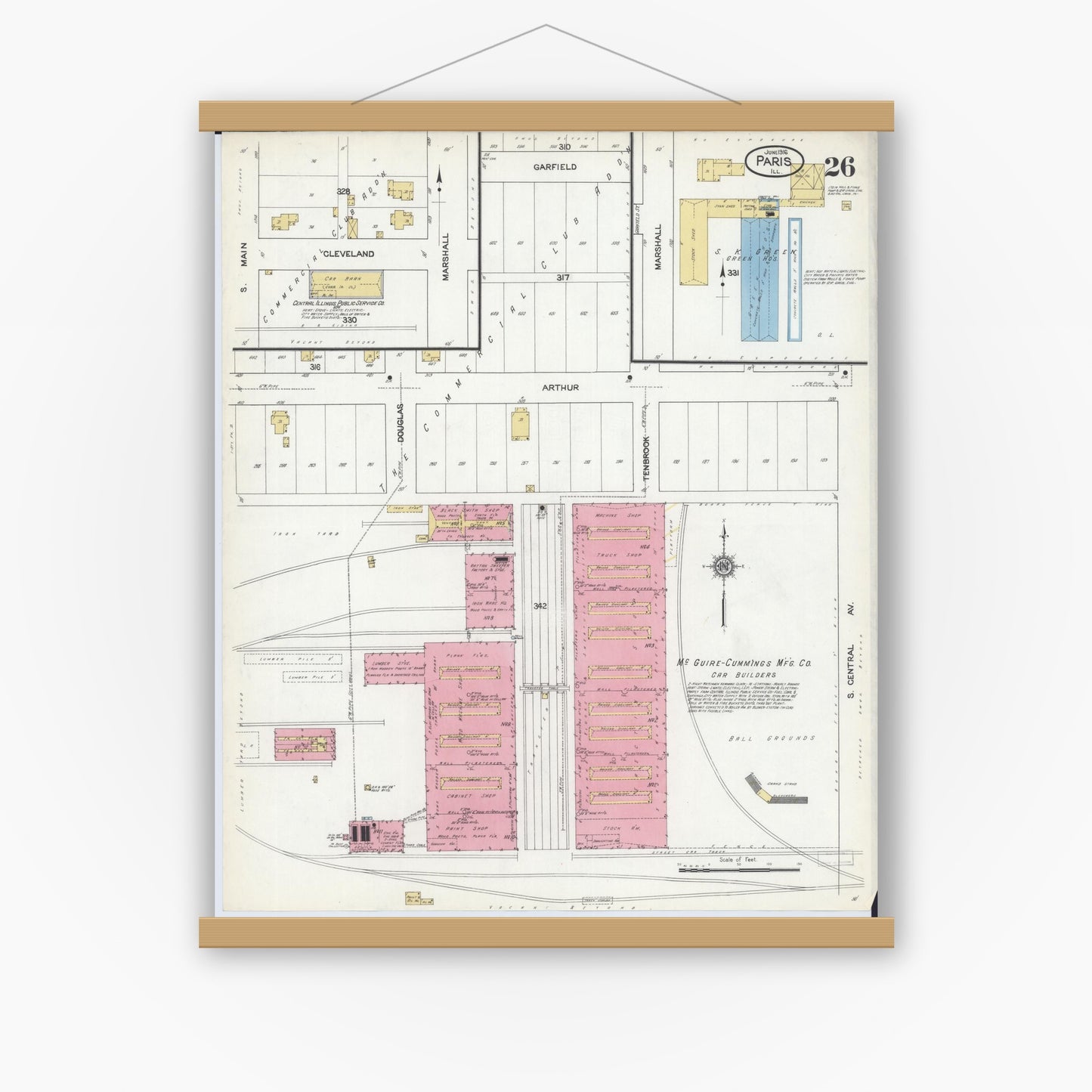 Old map wall art mockup — magnetic wood frame on white wall — Sanborn Fire Insurance Map from Paris, Edgar County, Illinois (1916), Sheet #0026