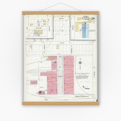 Old map wall art mockup — magnetic wood frame on white wall — Sanborn Fire Insurance Map from Paris, Edgar County, Illinois (1916), Sheet #0026