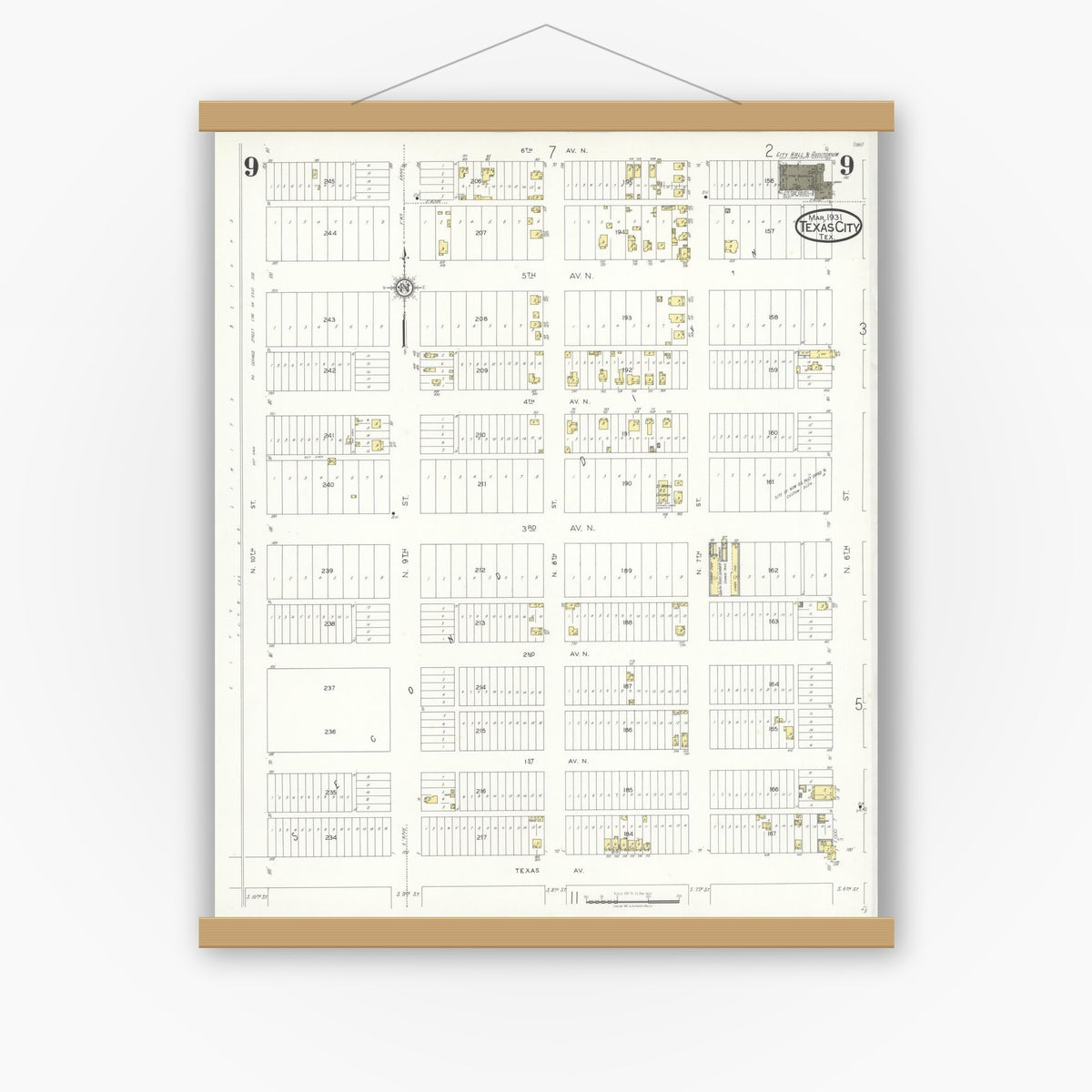 Old map wall art mockup — magnetic wood frame on white wall — Sanborn Fire Insurance Map from Texas City, Galveston County, Texas (1931), Sheet #0009