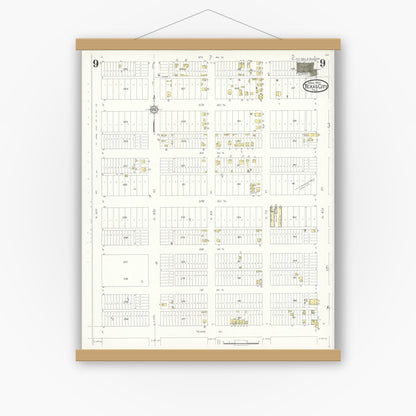 Old map wall art mockup — magnetic wood frame on white wall — Sanborn Fire Insurance Map from Texas City, Galveston County, Texas (1931), Sheet #0009