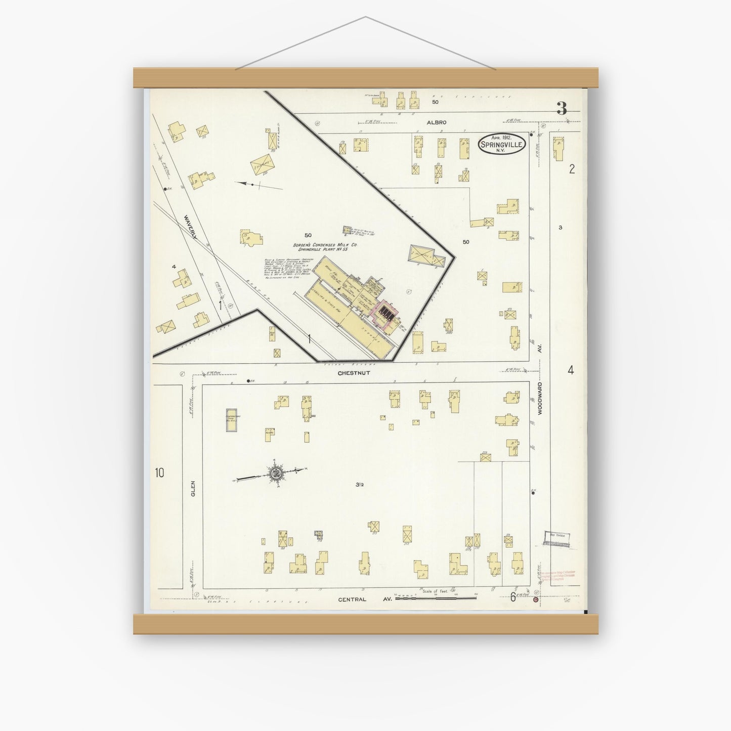 Old map wall art mockup — magnetic wood frame on white wall — Sanborn Fire Insurance Map from Springville, Erie County, New York (1912), Sheet #0003