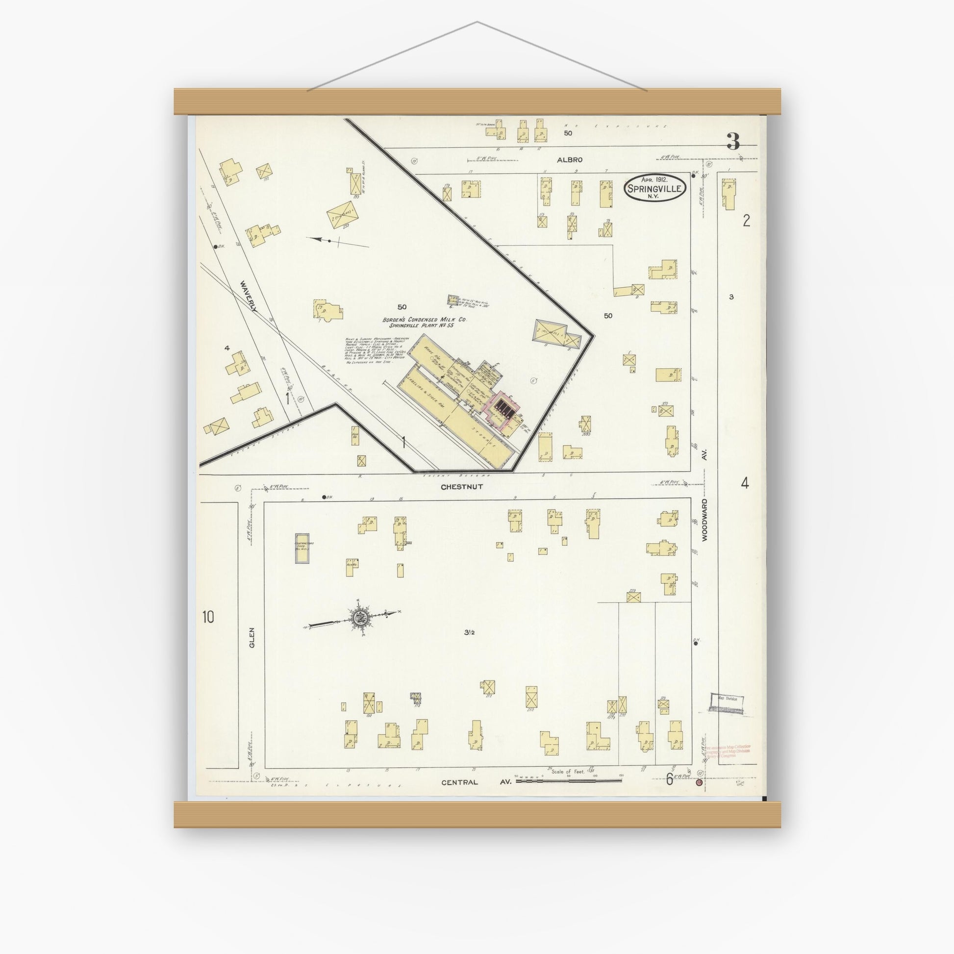 Old map wall art mockup — magnetic wood frame on white wall — Sanborn Fire Insurance Map from Springville, Erie County, New York (1912), Sheet #0003