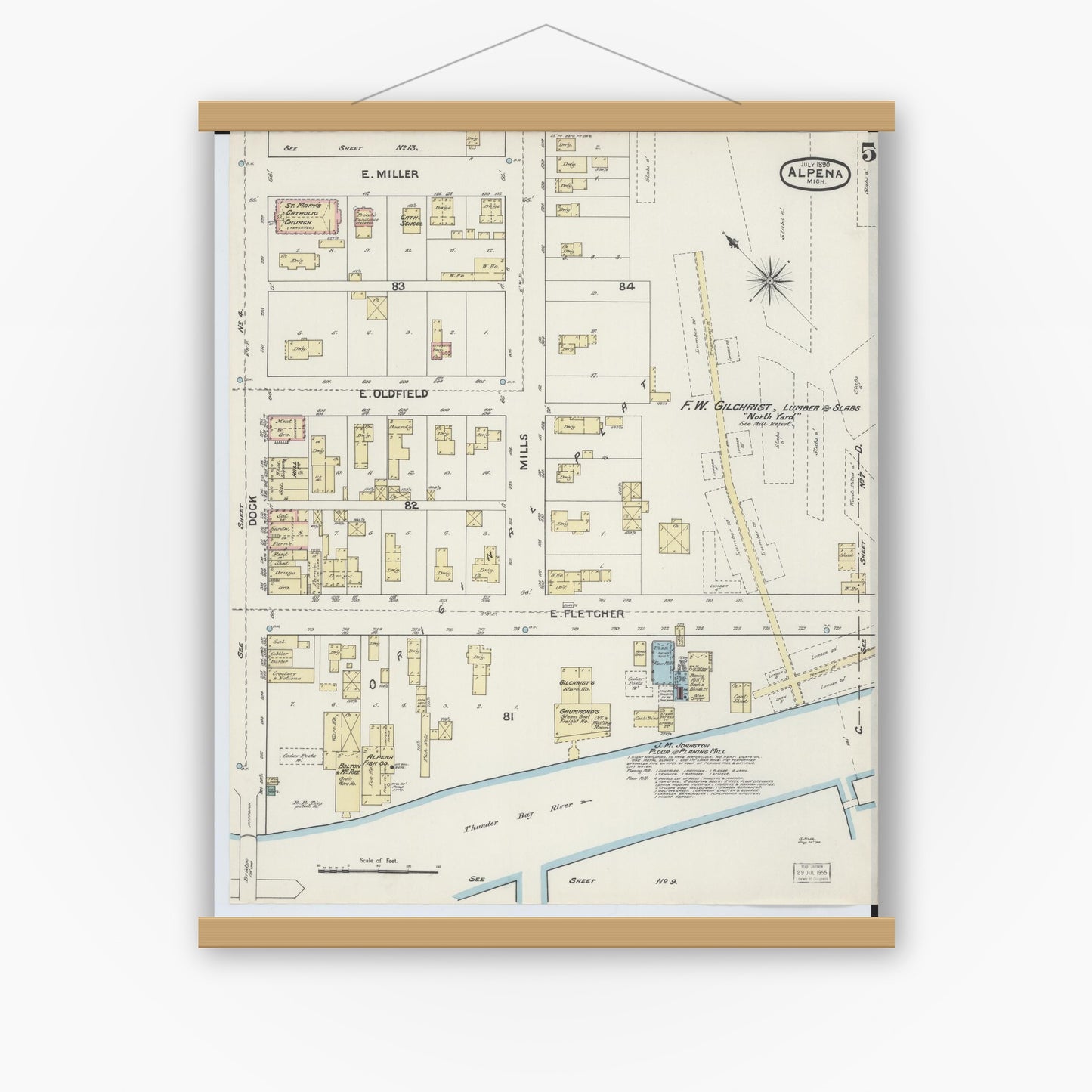 Old map wall art mockup — magnetic wood frame on white wall — Sanborn Fire Insurance Map from Alpena, Alpena County, Michigan (1890), Sheet #0005