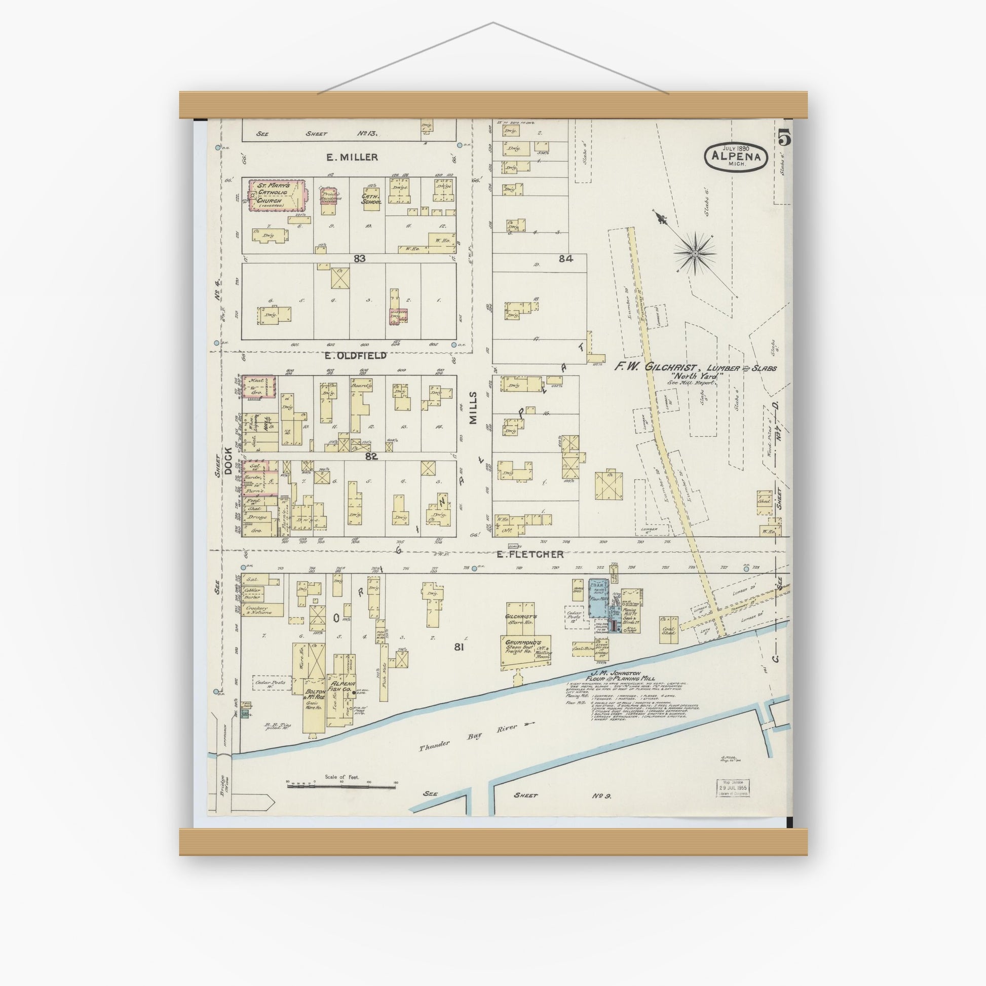 Old map wall art mockup — magnetic wood frame on white wall — Sanborn Fire Insurance Map from Alpena, Alpena County, Michigan (1890), Sheet #0005