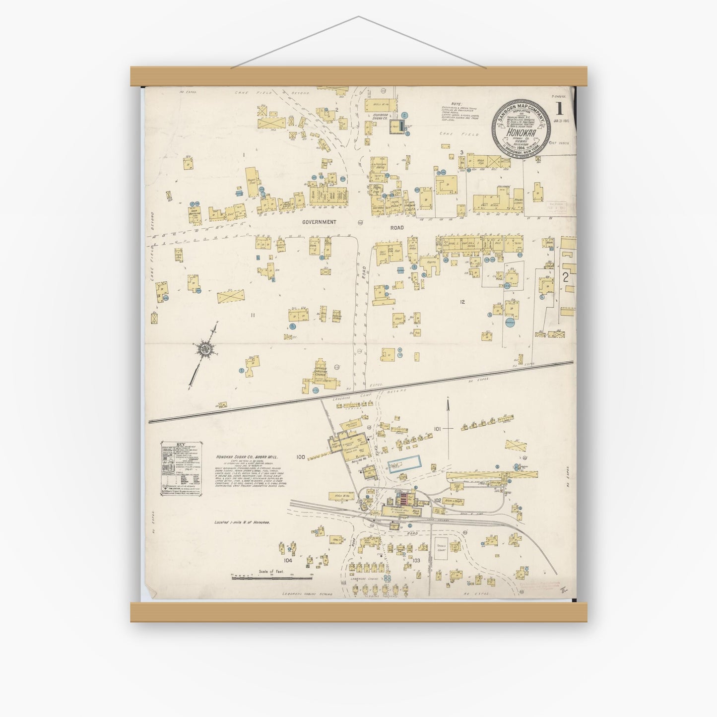Old map wall art mockup — magnetic wood frame on white wall — Sanborn Fire Insurance Map from Honokaa, Hawaii County, Hawaii (1914) — Complete Set