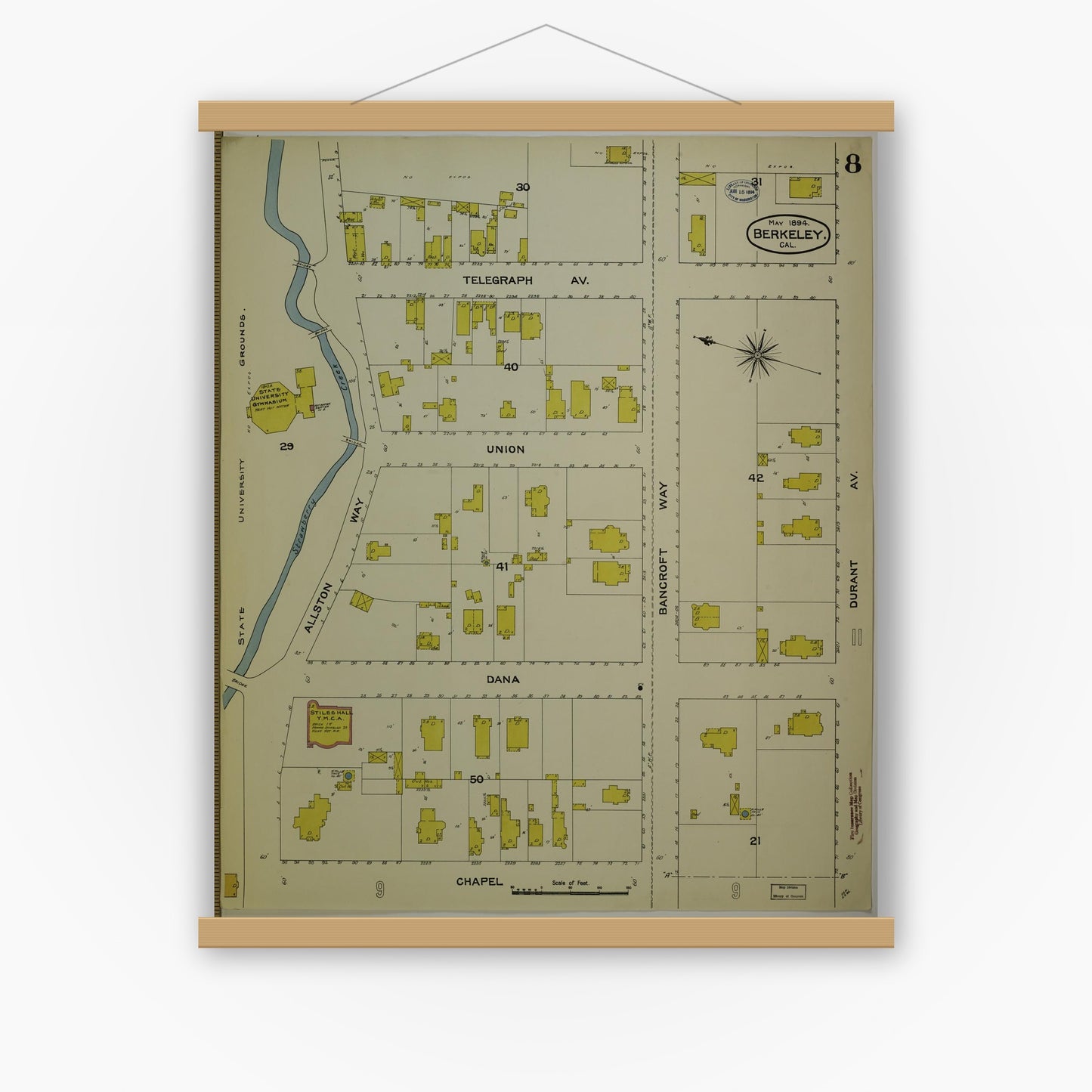 Old map wall art mockup — magnetic wood frame on white wall — Sanborn Fire Insurance Map from Berkeley, Alameda County, California (1894), Sheet #0008