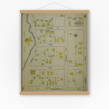 Old map wall art mockup — magnetic wood frame on white wall — Sanborn Fire Insurance Map from Berkeley, Alameda County, California (1894), Sheet #0008